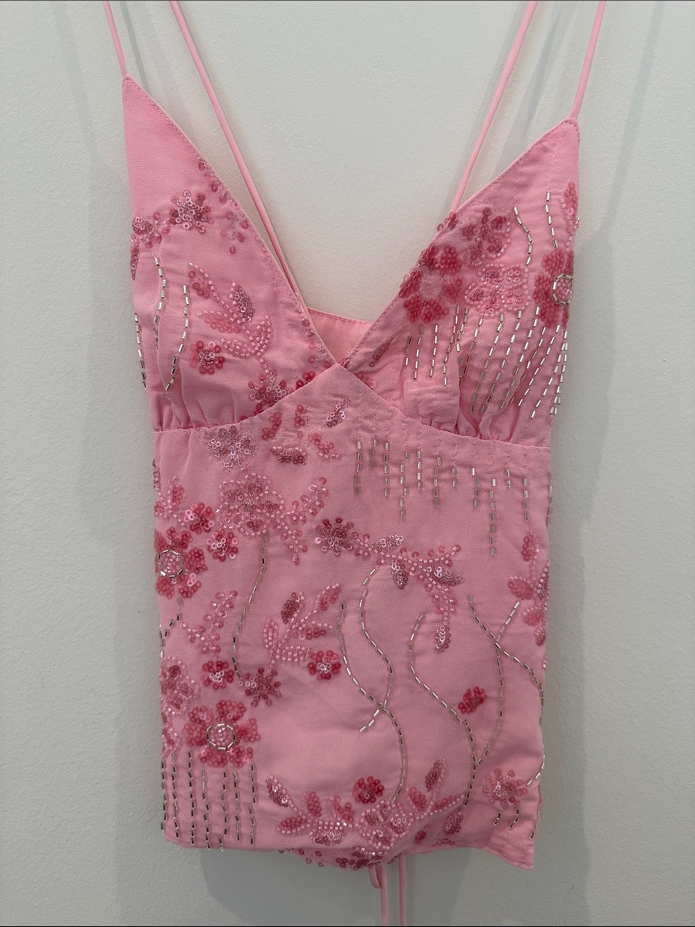 Pink Embellished Beaded Spaghetti Strap Cami